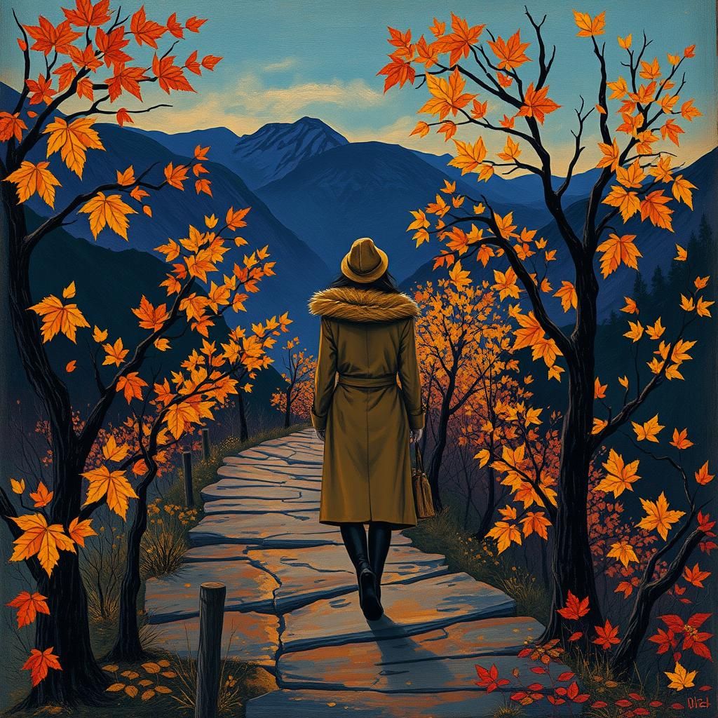 Autumnal Mountain Path in Art Nouveau Style