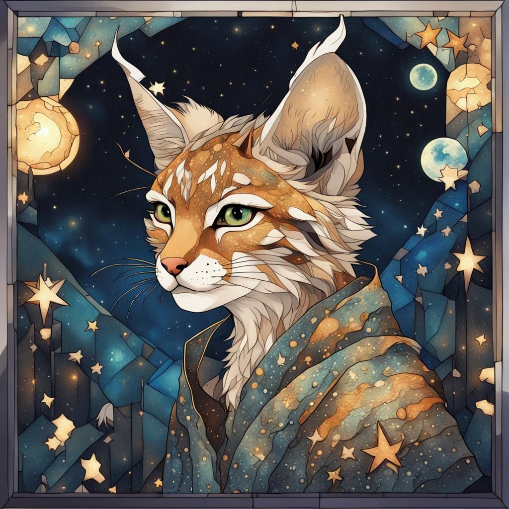 an adorable chibi lynx rancher, dark starry night, gorgeous ...