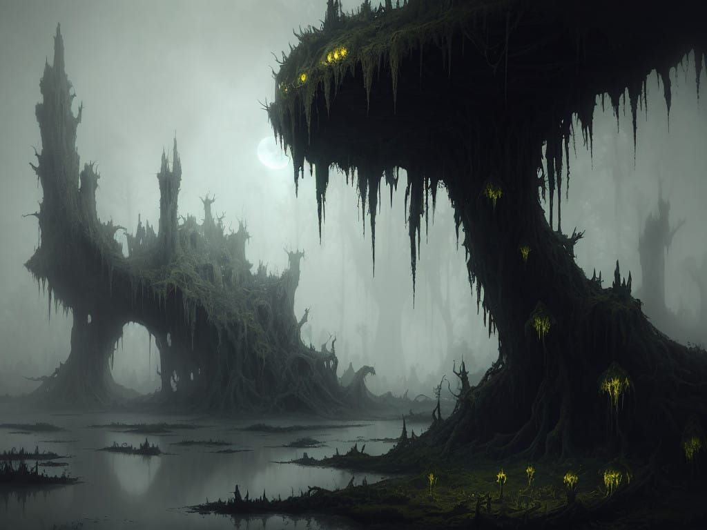 Ethereal Fairies in Cypresses above a Moonlit Swamp