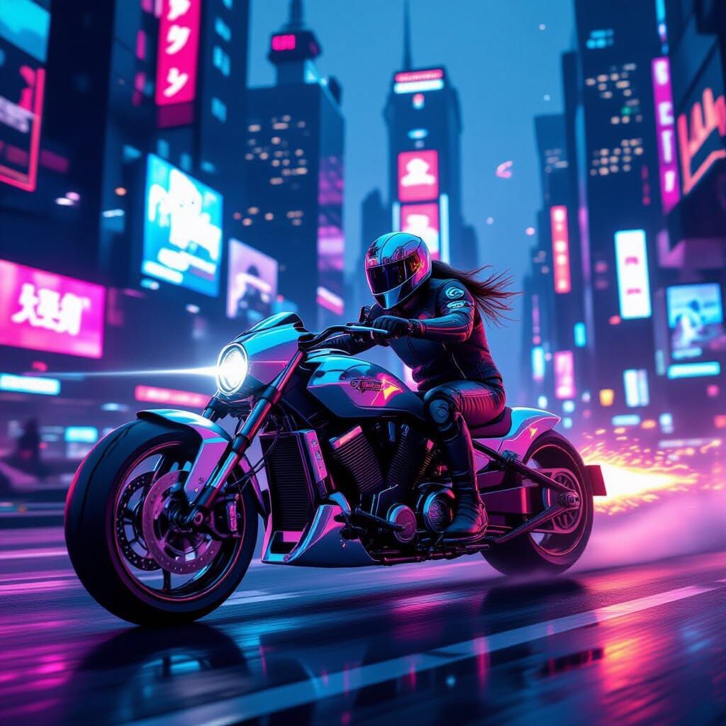Cyberpunk Motorcyclist in Neon Cityscape