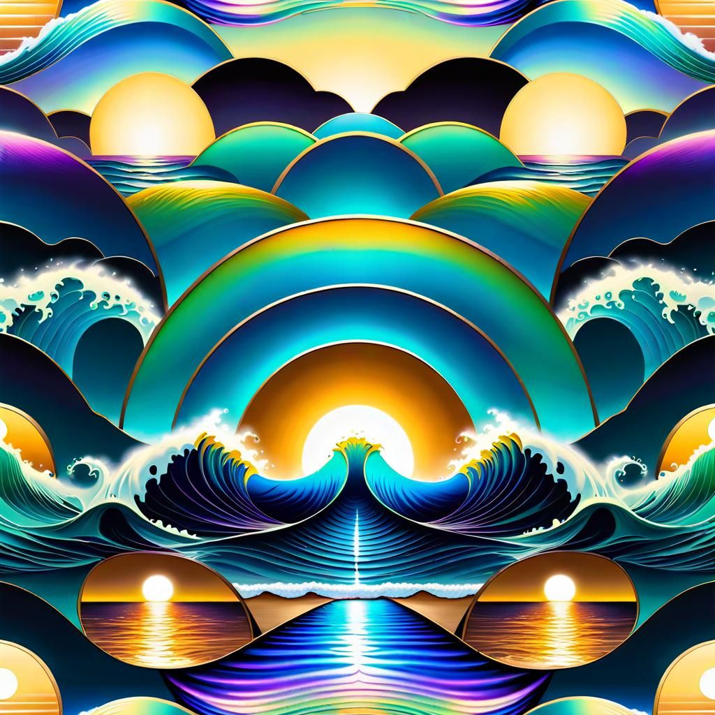 Luminous Ocean Waves in Stained Glass Style