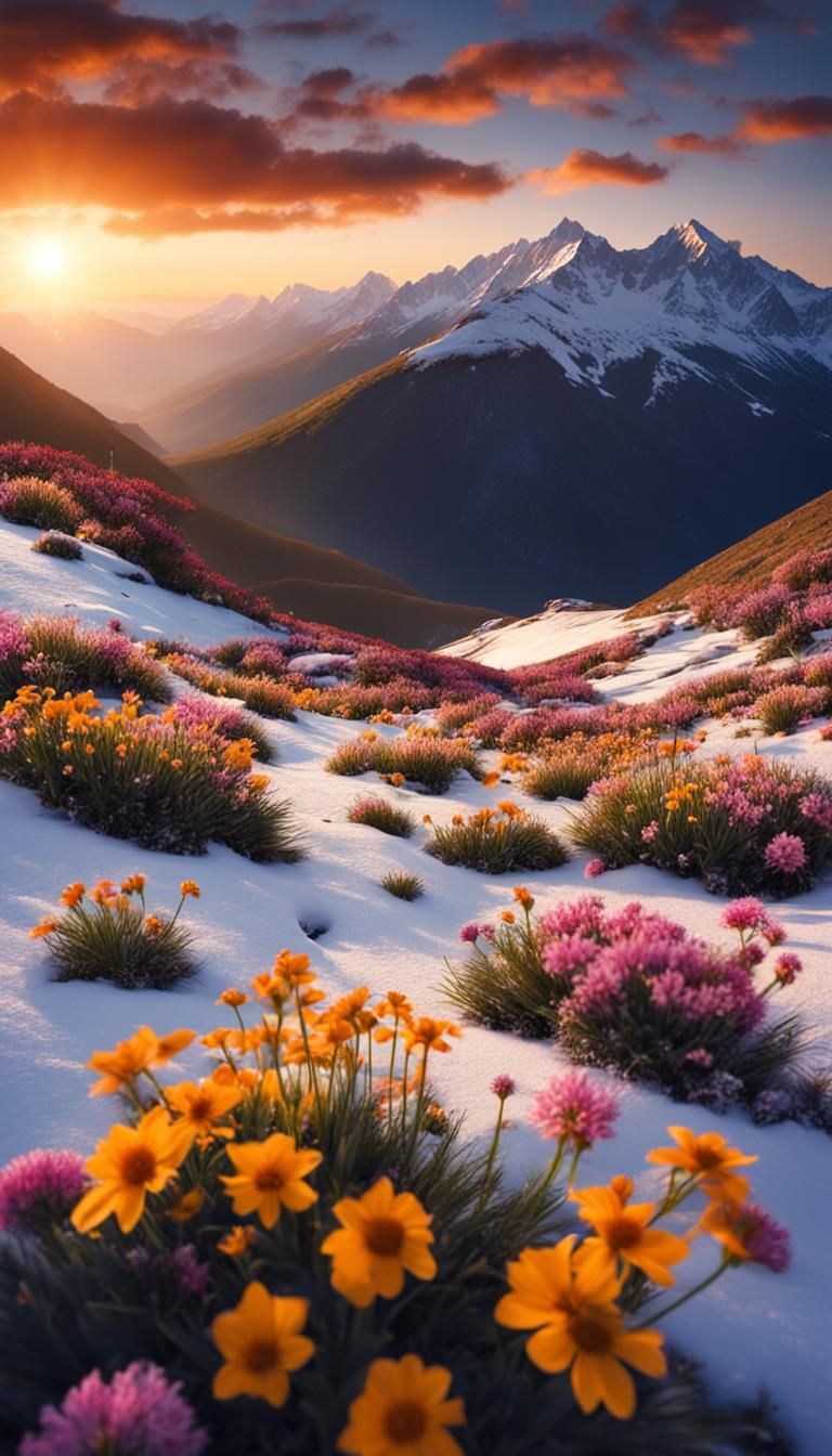 Mountain Sunset with Flowers and Snow