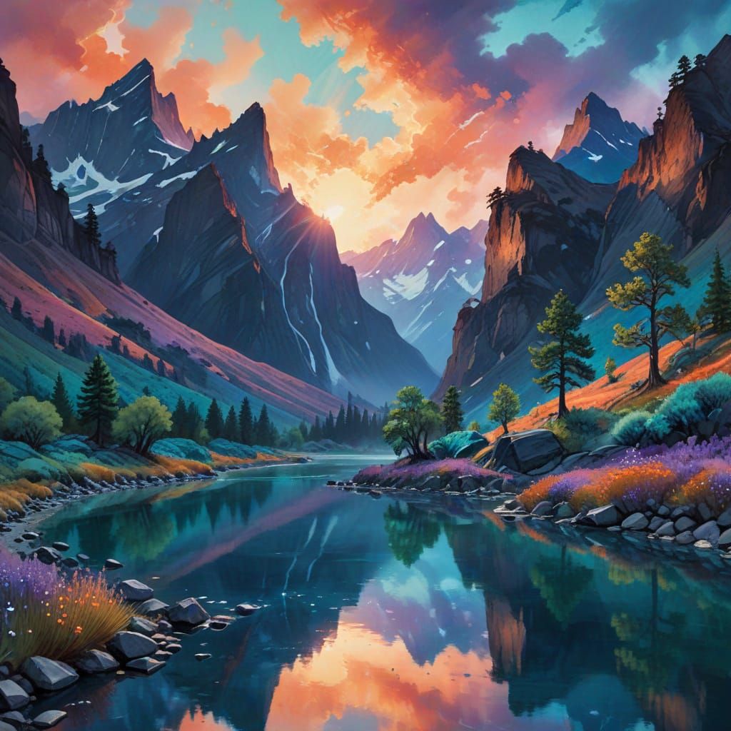 a dreamlike landscape emerges with watercolor pigments blend...