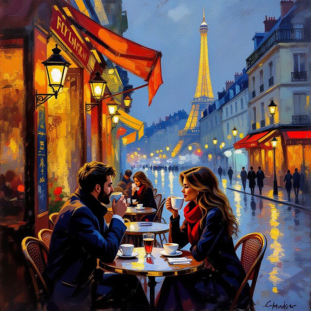Parisian Cafe at Night: Couple Enjoys Coffee Under Golden Li...