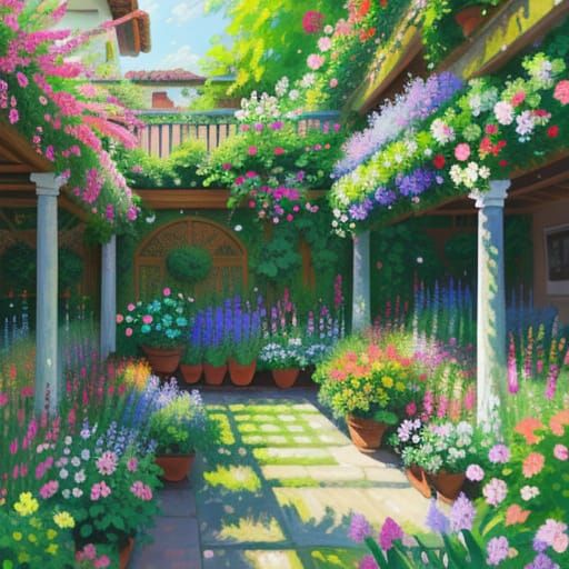 Vibrant Garden Oasis in Impressionist Style
