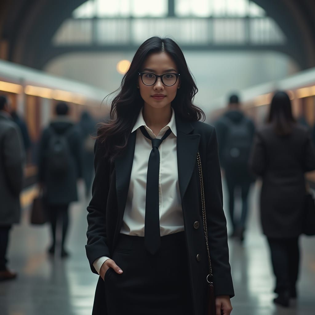 Woman in London Station, Hyperrealistic Photo