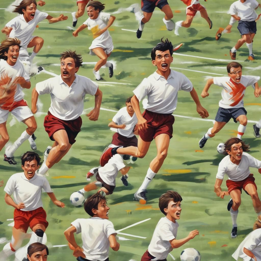 Goofy Soccer Players on the Field: Gouache Painting