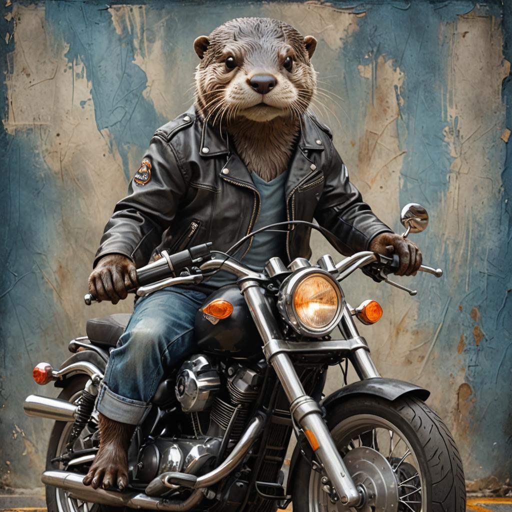 Anthropomorphic Otter on Harley Davidson Motorcycle