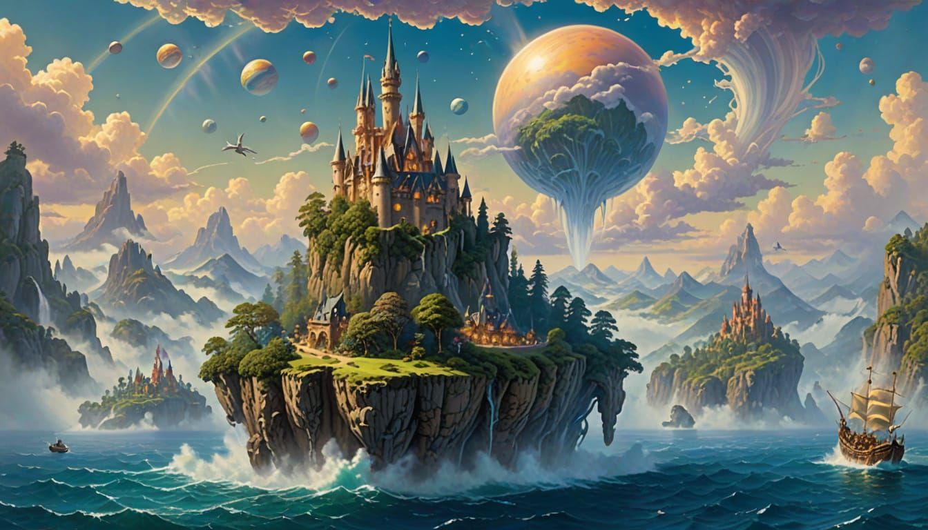 Enchanted Floating Island Above Ocean with Ringed Planet