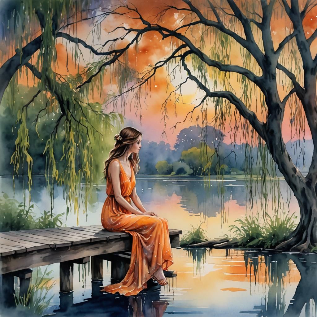 Woman on Pier at Sunset in Watercolor Style