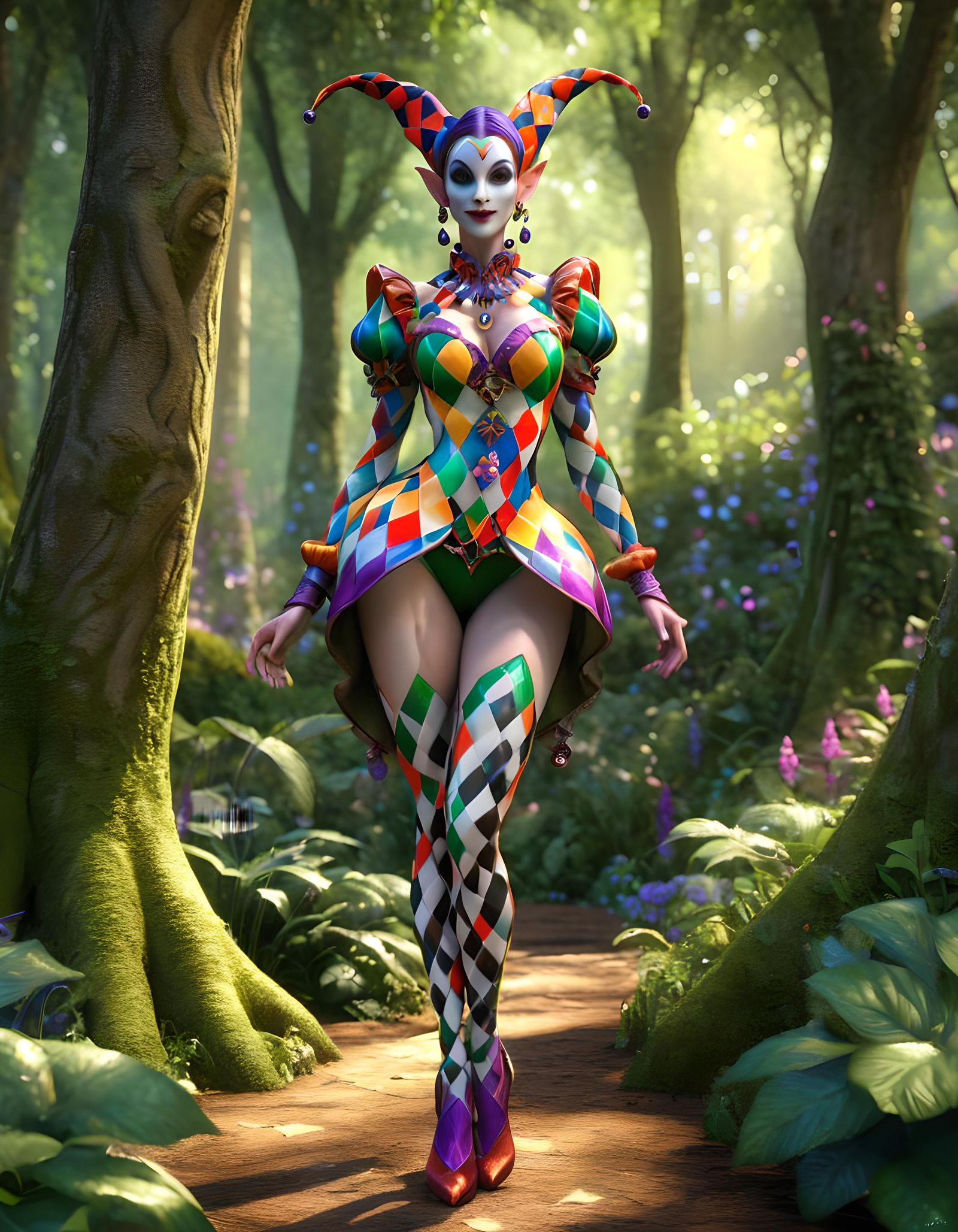 Elven Harlequin in Enchanted Forest: 3D Render