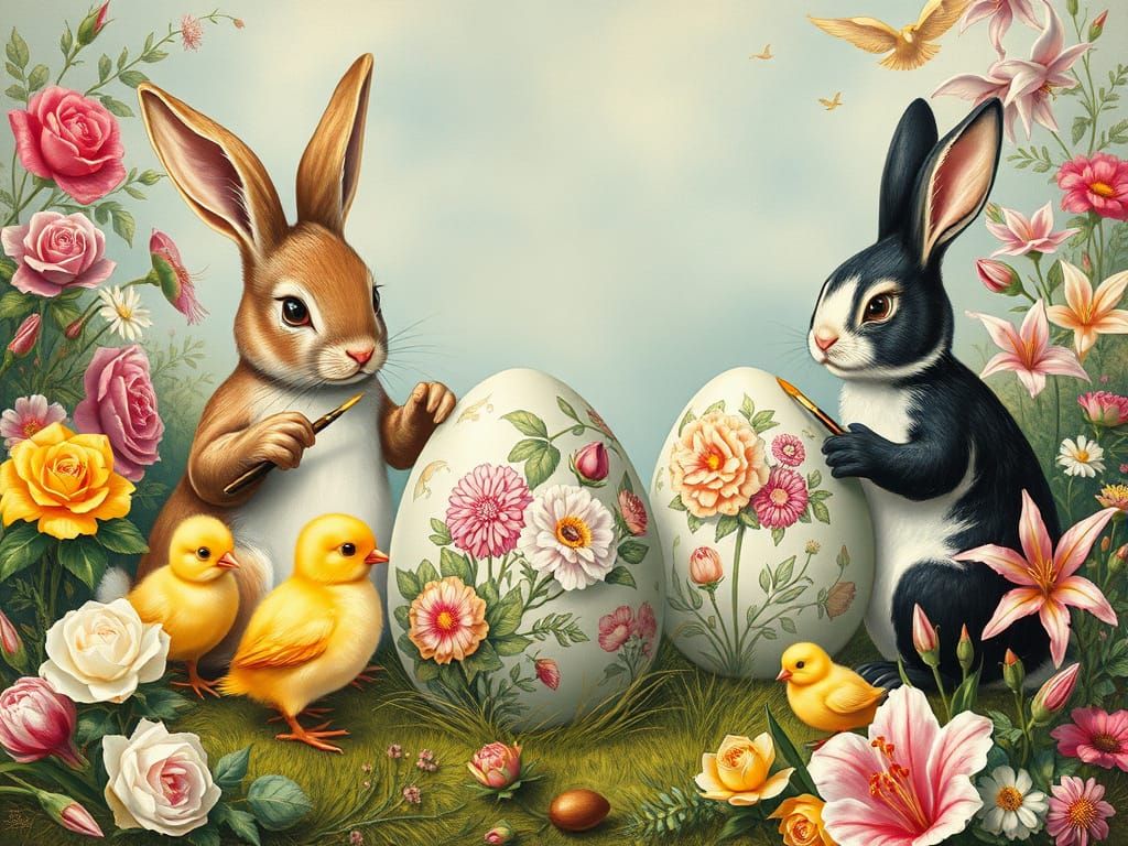 Whimsical Easter Painting with Bunnies and Chicks