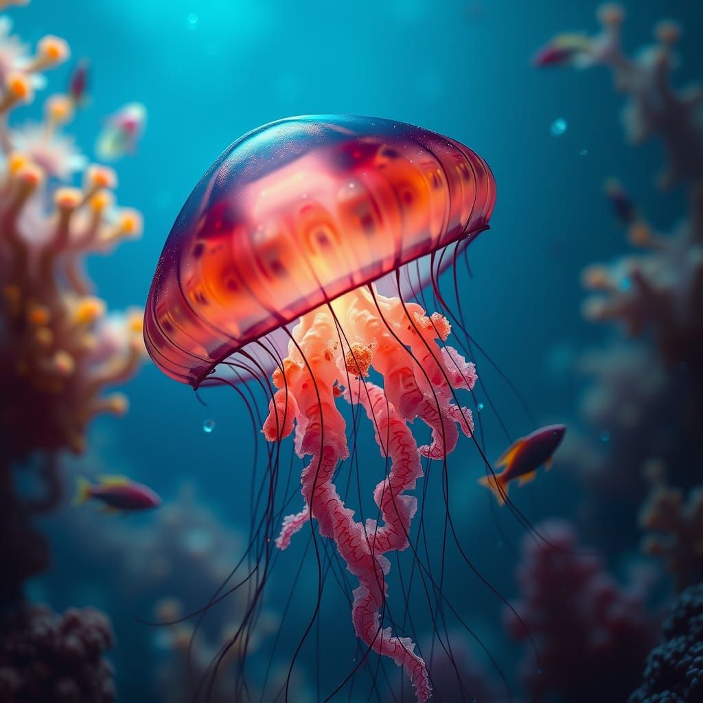 Surreal Underwater Scene Depicts Glowing Jellyfish in a Fant...