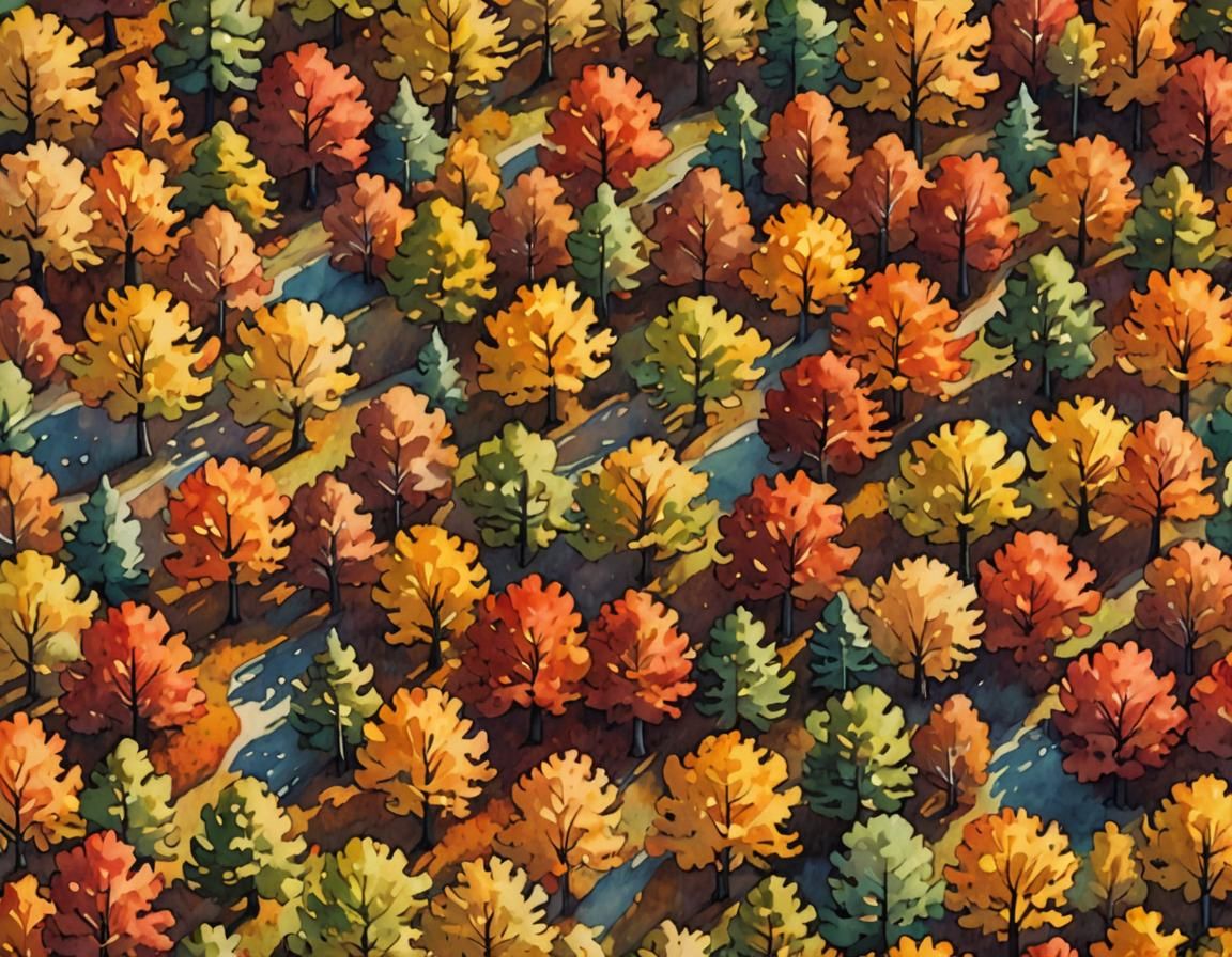 Impressionistic Aerial View of Vibrant Autumn Forest