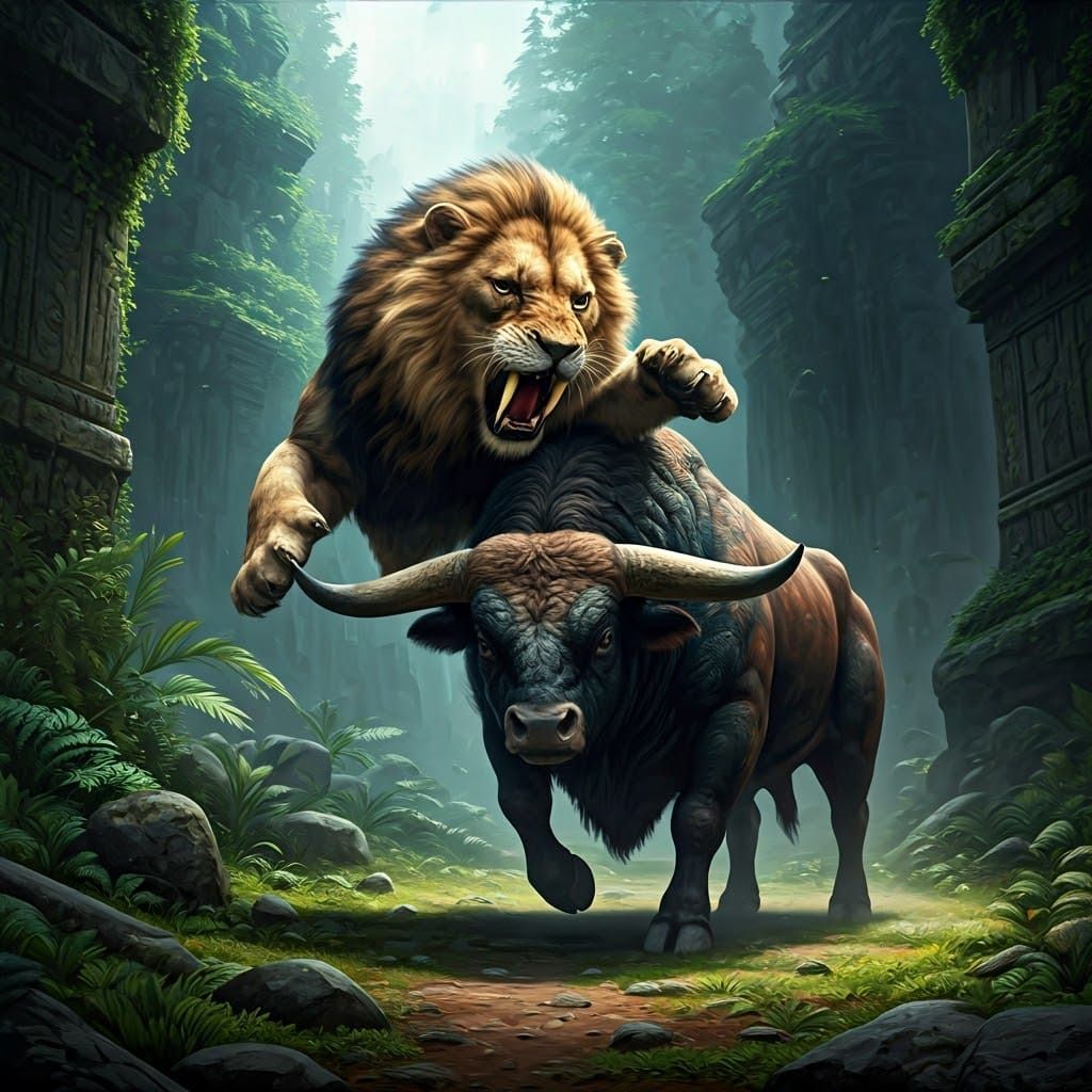 Fierce Saber-Toothed Lion Battles Majestic Taurus in Ancient...