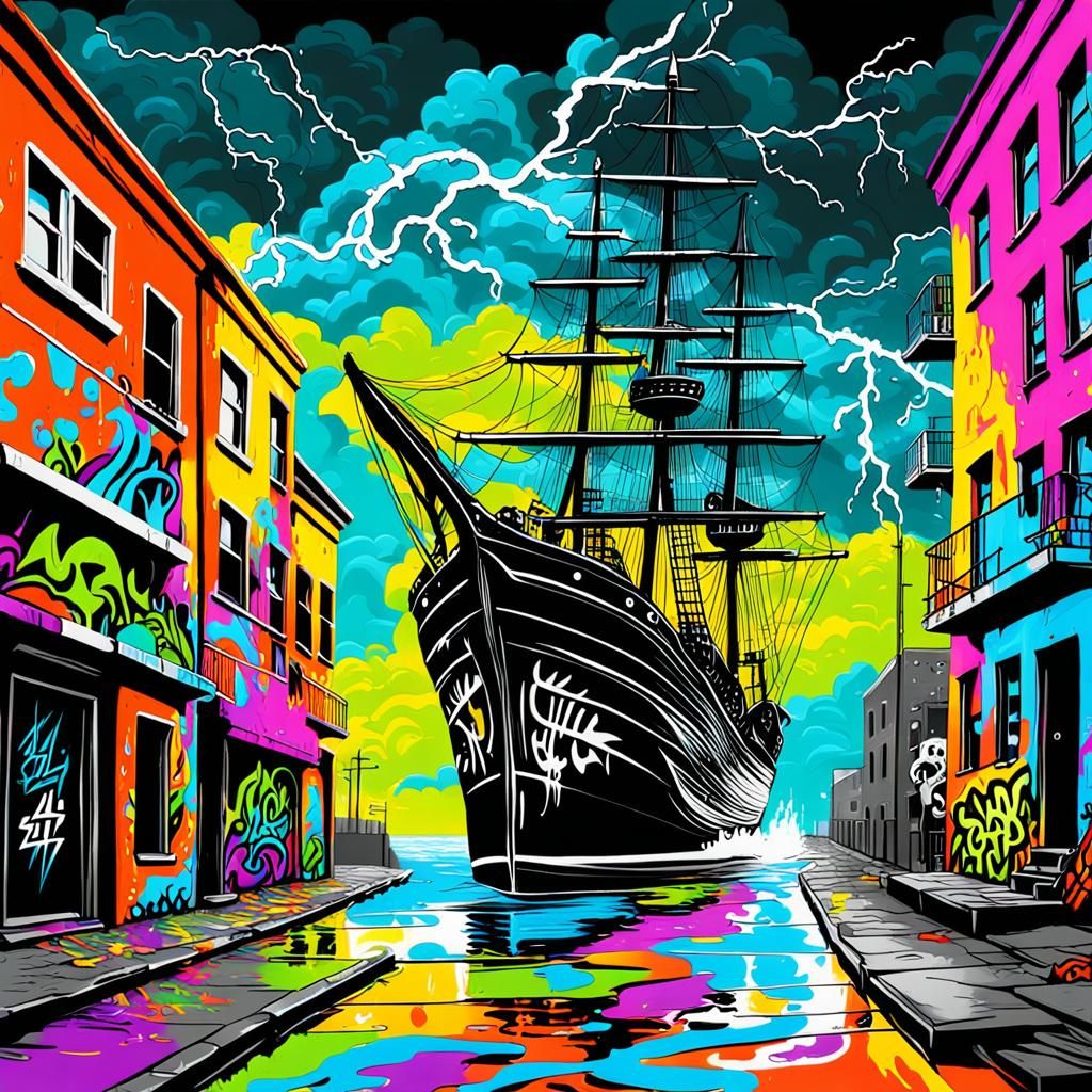 Pirate Ship Amidst Stormy Weather in Graffiti Art Style