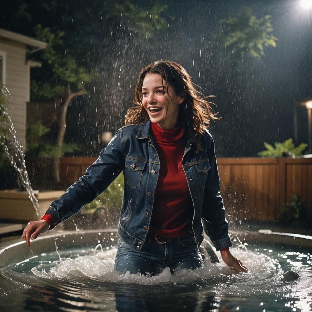 Brunette Wading in Hot Tub on Summer Night