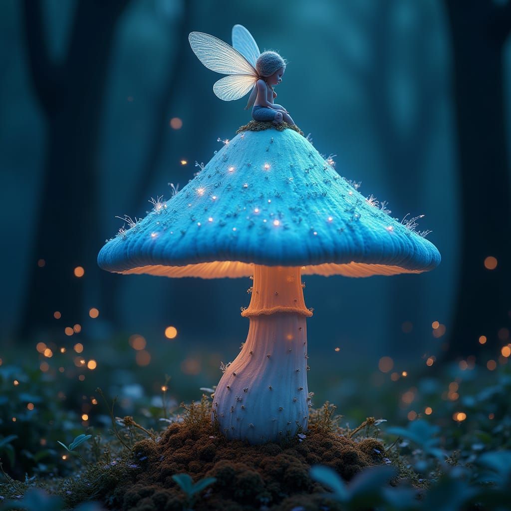 Whimsical Fairy Perches on Glowing Mushroom House in Enchant...