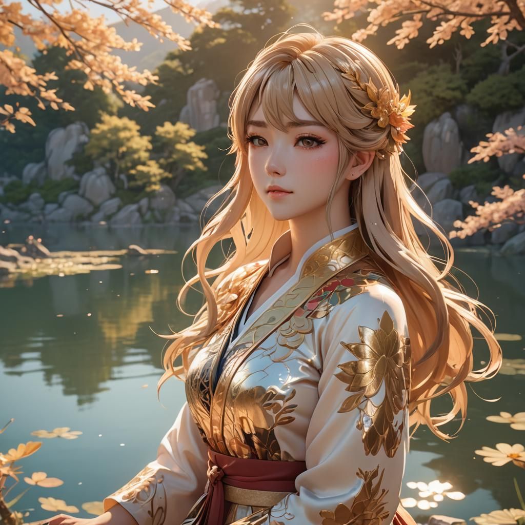Anime Woman in Sunlight by Lake in 3D