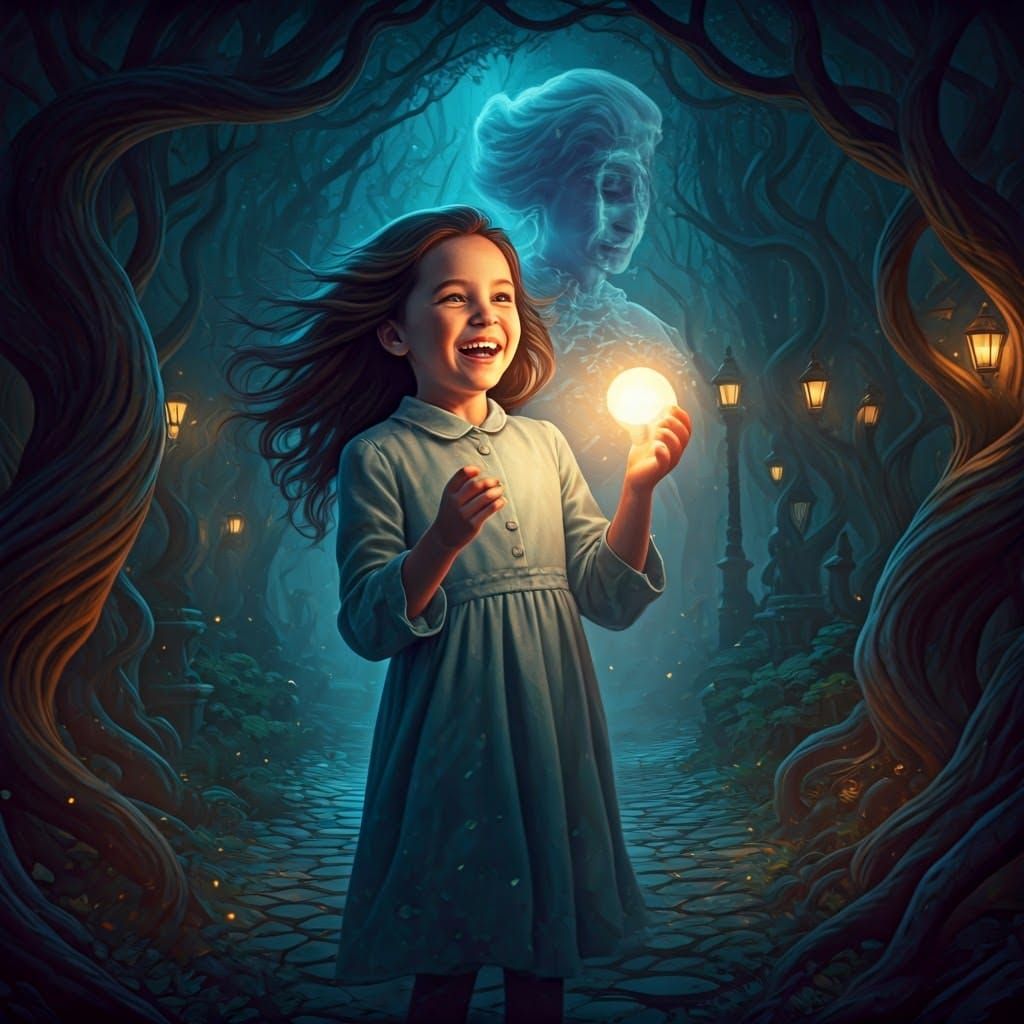 Girl Playing with Orb and Ethereal Ghost, Digital Art