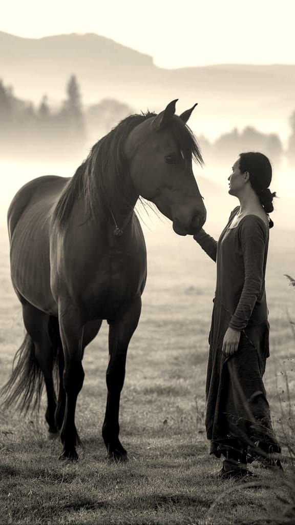 Human and Horse Share Misty Sunrise Meadow