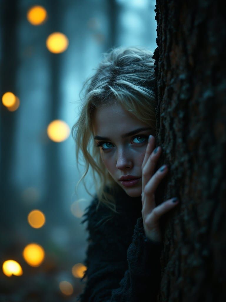 A Young Woman Peeks from Behind a Dark Tree Trunk at Dusk