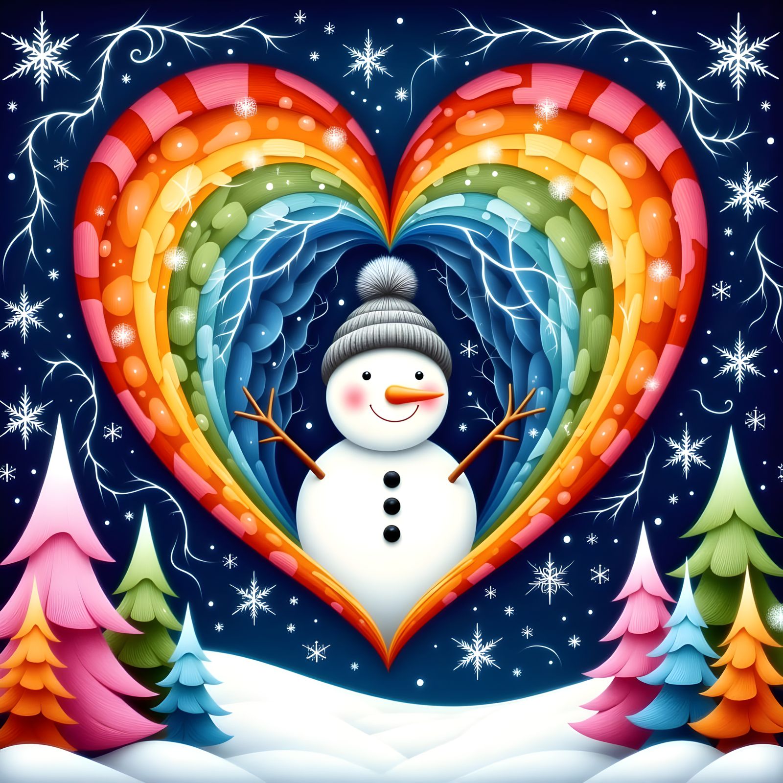 Whimsical Snowman in Vibrant Heart amidst Winter Wonderland