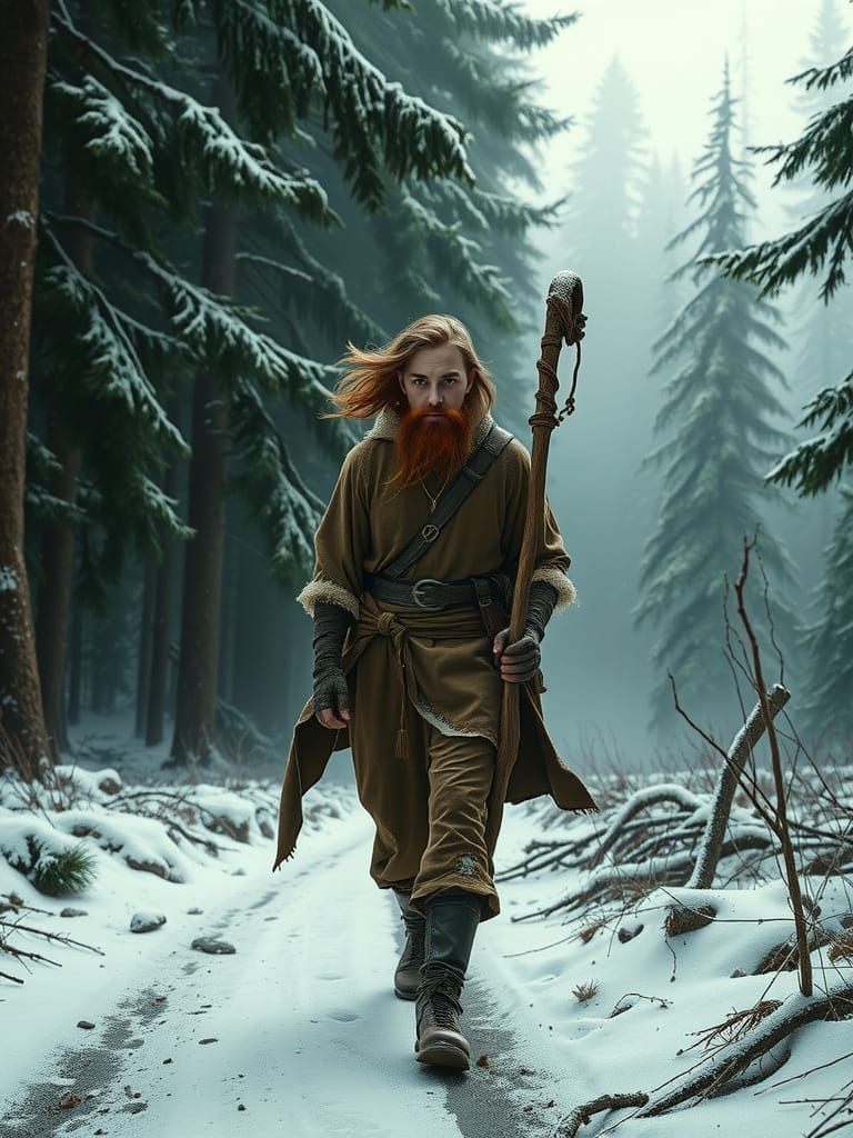 Young Druid Walks Towards Us on Snowy Forest Path