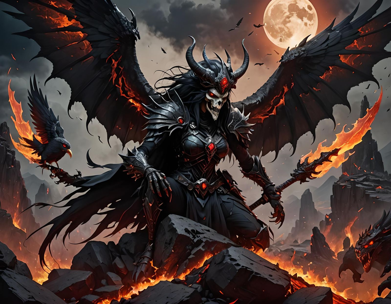 Evil Witch Rides Winged Monster in a Volcanic Landscape