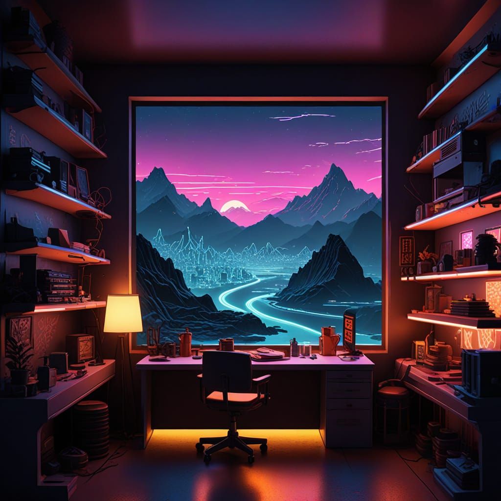 Cyberpunk Mount Penglai Miniature Diorama with Neon Lights