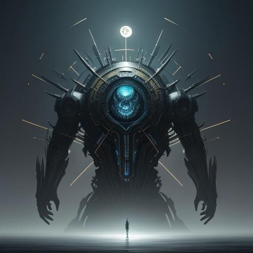 Ethereal Clockwork Figure in Dreamlike Sci-Fi Landscape