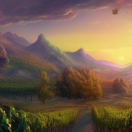 Colorful Mountain Vineyard at Sunset in Matte Painting