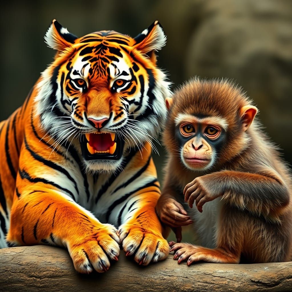 Tiger and Monkey Teamwork Illustration