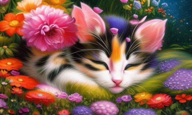 Kitten's Floral Dream: A Hyperdetailed Fantasy Painting