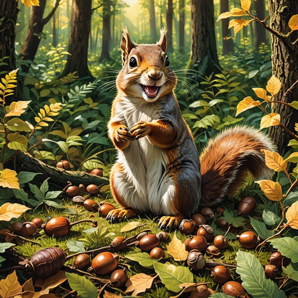 Laughing Squirrel with Acorn: Whimsical Wildlife Illustratio...