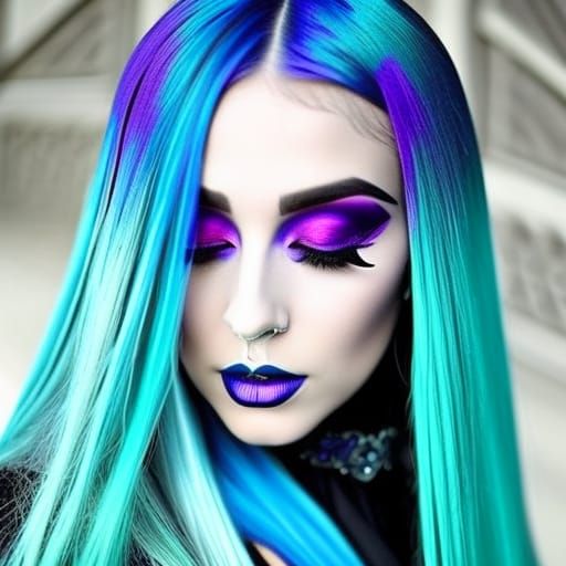 Ethereal gothic young lady with long flowing Electric blue hair with cobalt blue highlights& Purple highlights& shimmery...