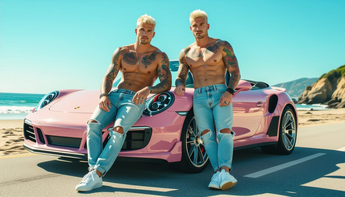 Couple at Beach in Pink Porsche