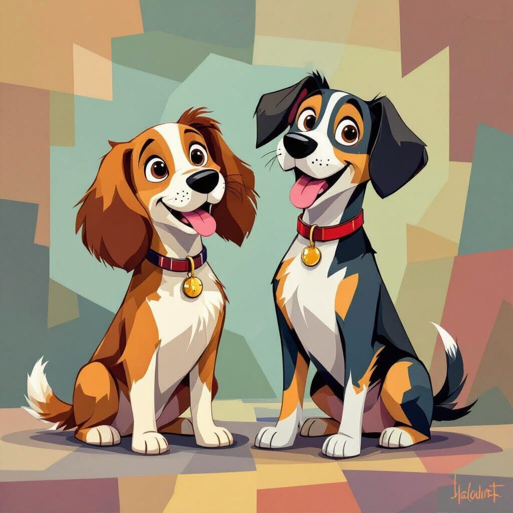 Cubist Anime Lady and The Tramp Dogs