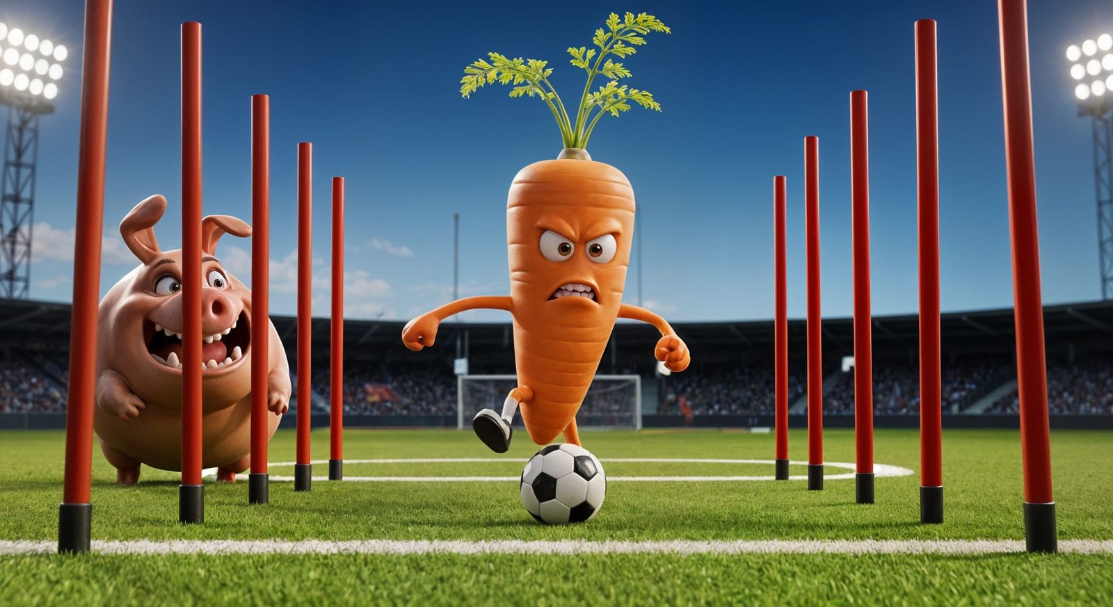 Carrot Dribbles Soccer Ball, Chased By Pig-Dog Hybrid