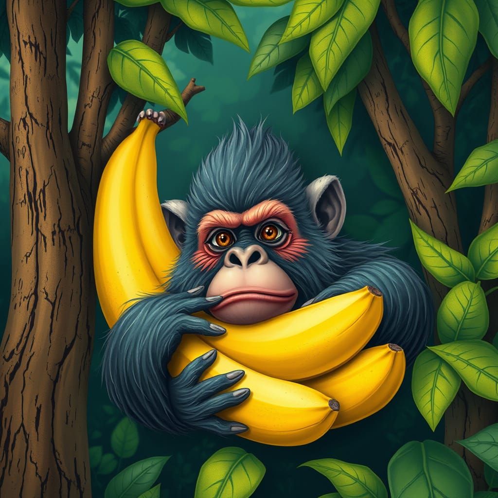 Rosa Gorila Emergendo de una Banana en un Entorno Tropical F...