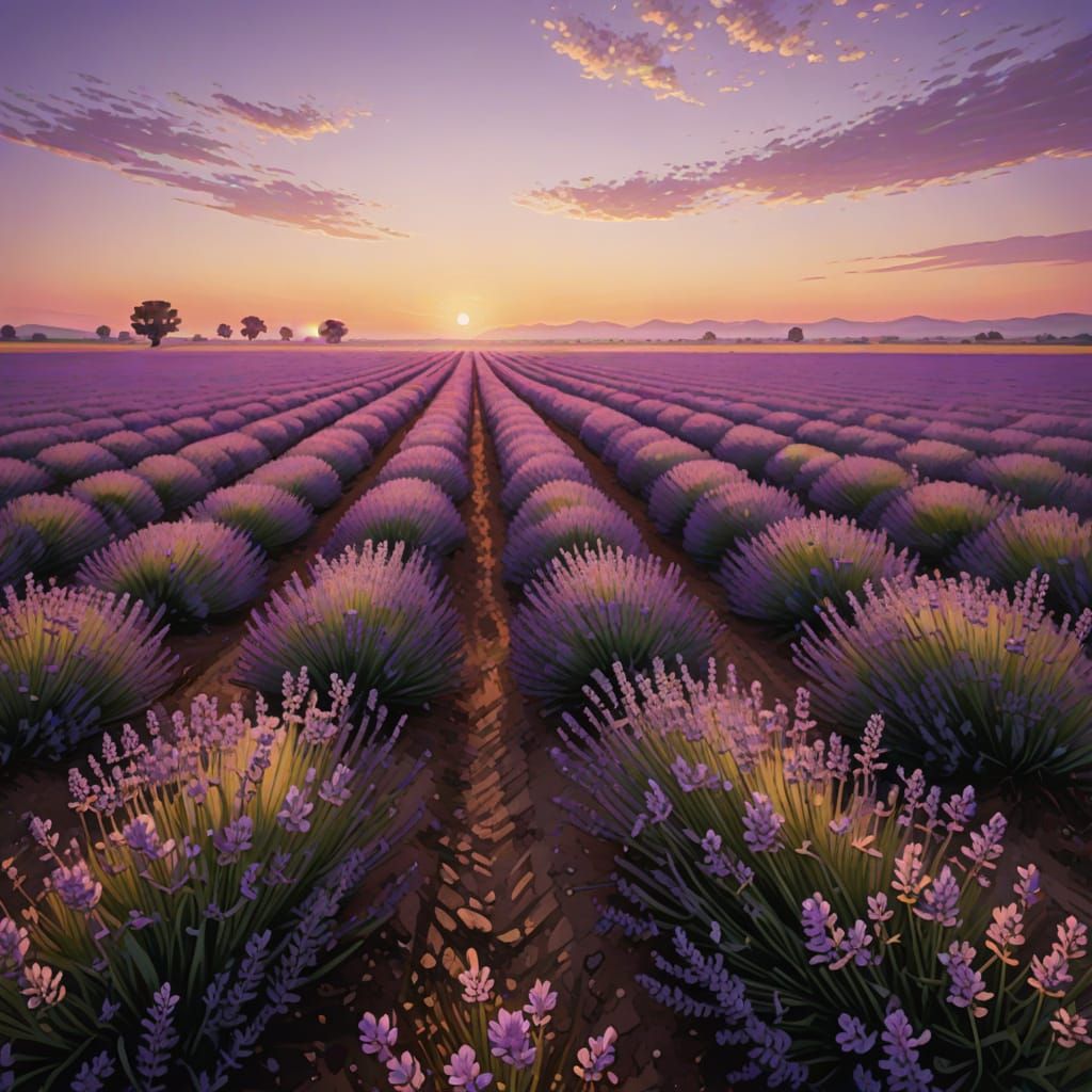 Lavender Fields at Sunset in Airbrush Style