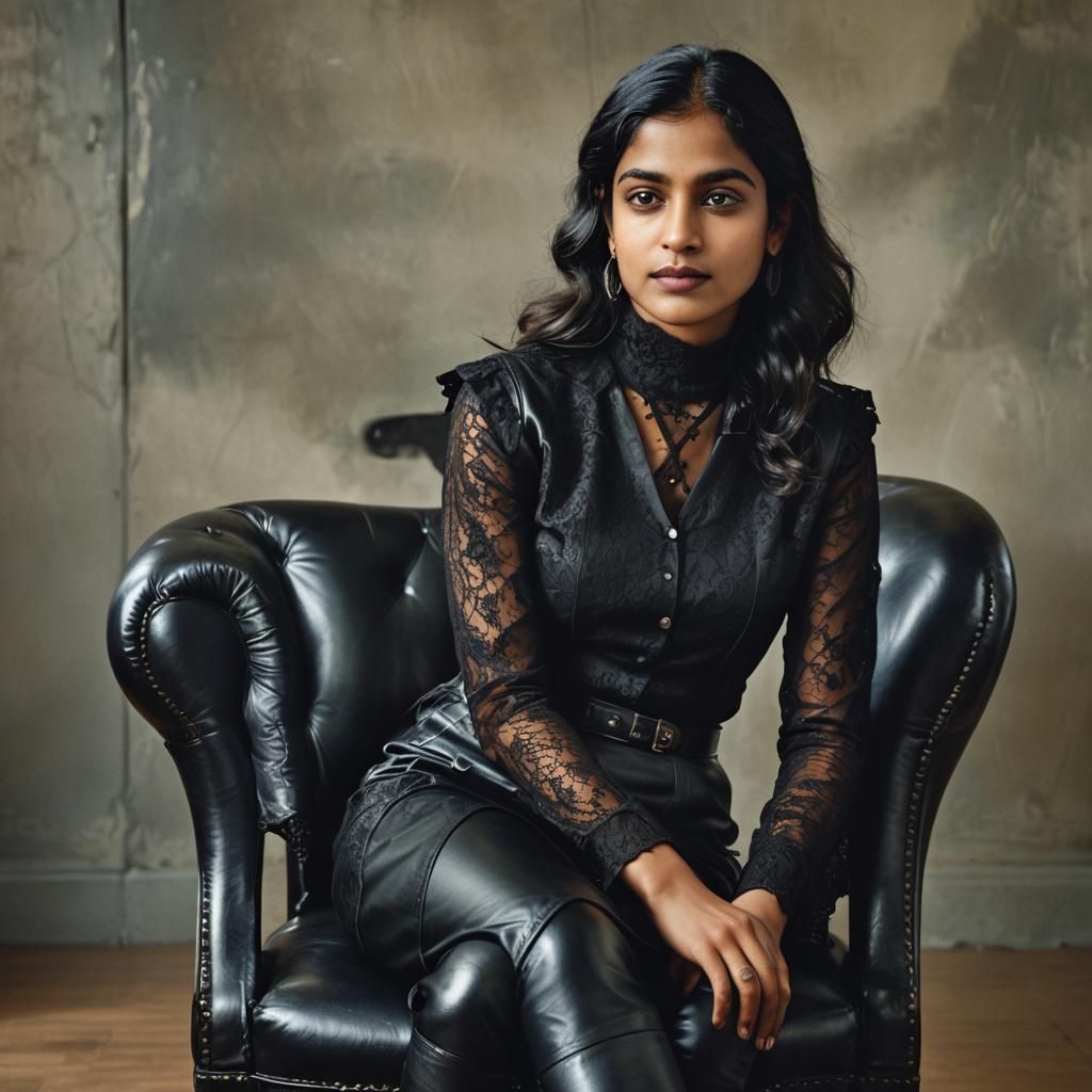 Striking Portrait of Woman in Leather, Leibovitz Style