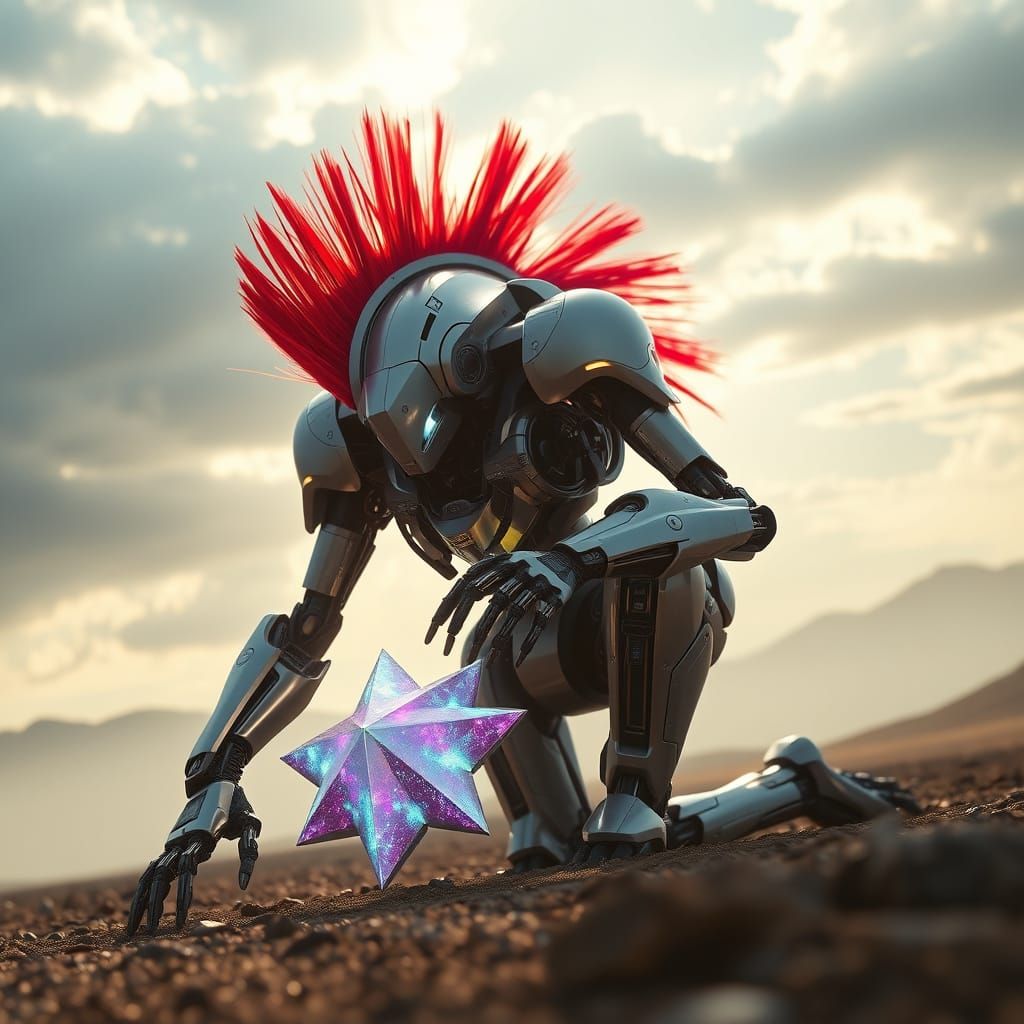 Red Mohawk Robot Grasps Iridescent Star in Futuristic Landsc...