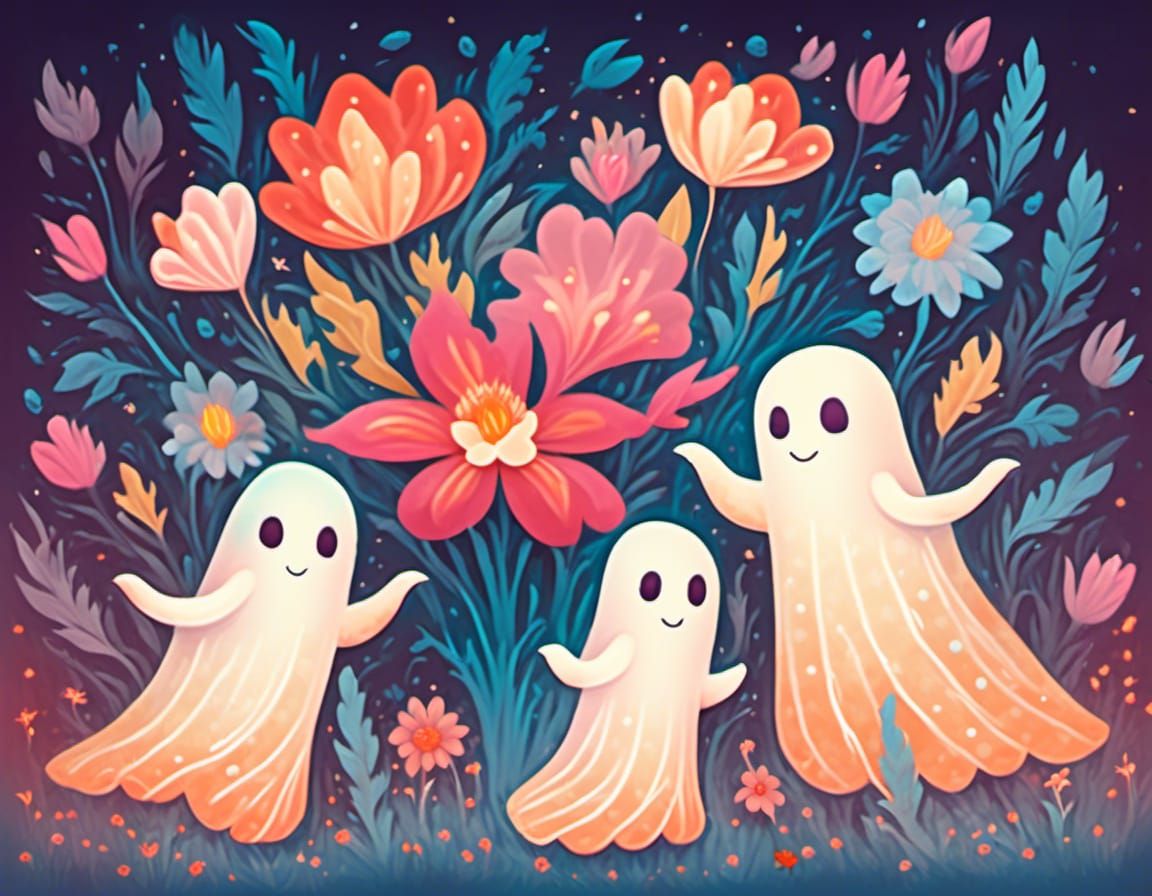 Cute Translucent Ghosts Offering Flowers: Digital Illustrati...