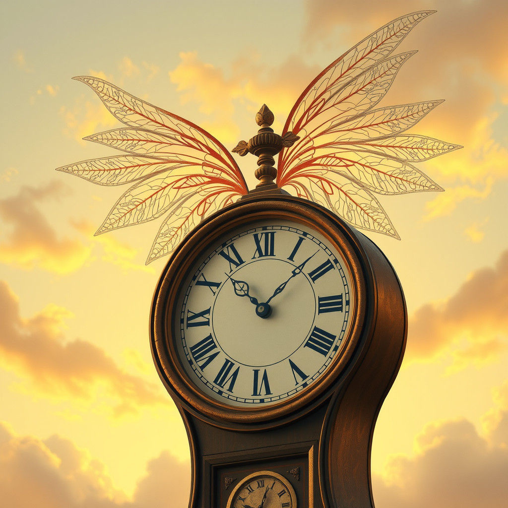 Whimsical Clock with Wings in Golden Hour Sky