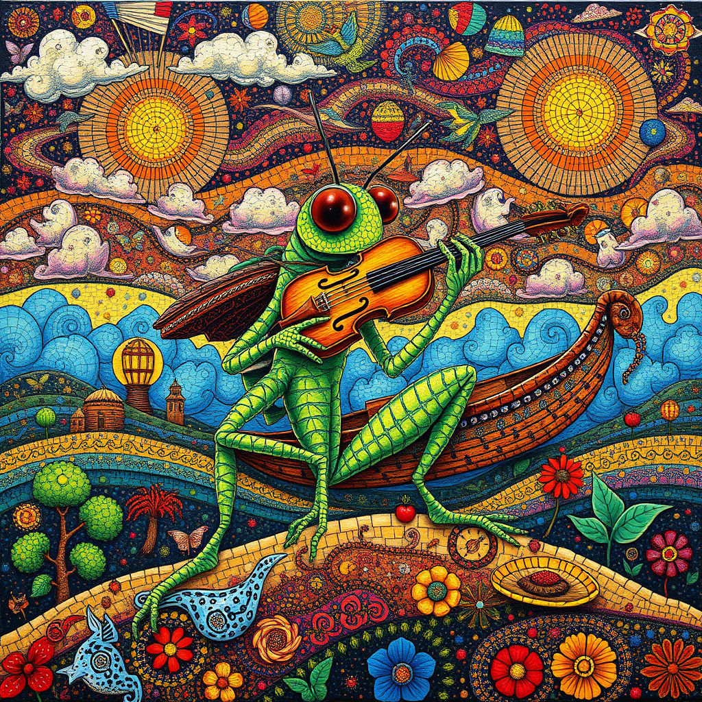 Surreal Folk Art: Grasshopper's Serenade in Vivid Detail