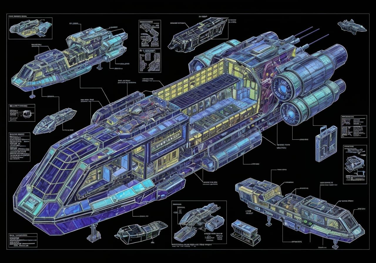 Holographic Jewel Toned Spaceship Assembly Drawing