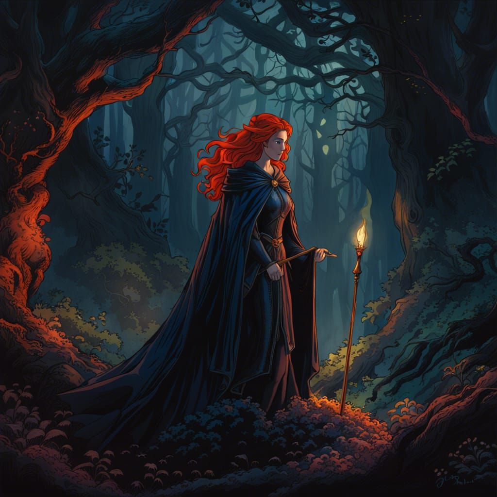 Witch and Knight in Moonlit Forest