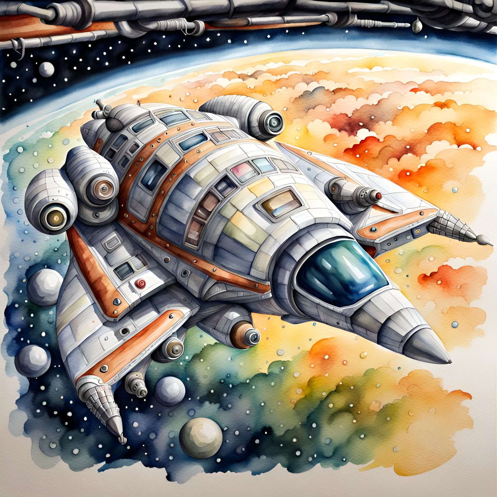 Realistic Spaceship in Watercolor Painting Style
