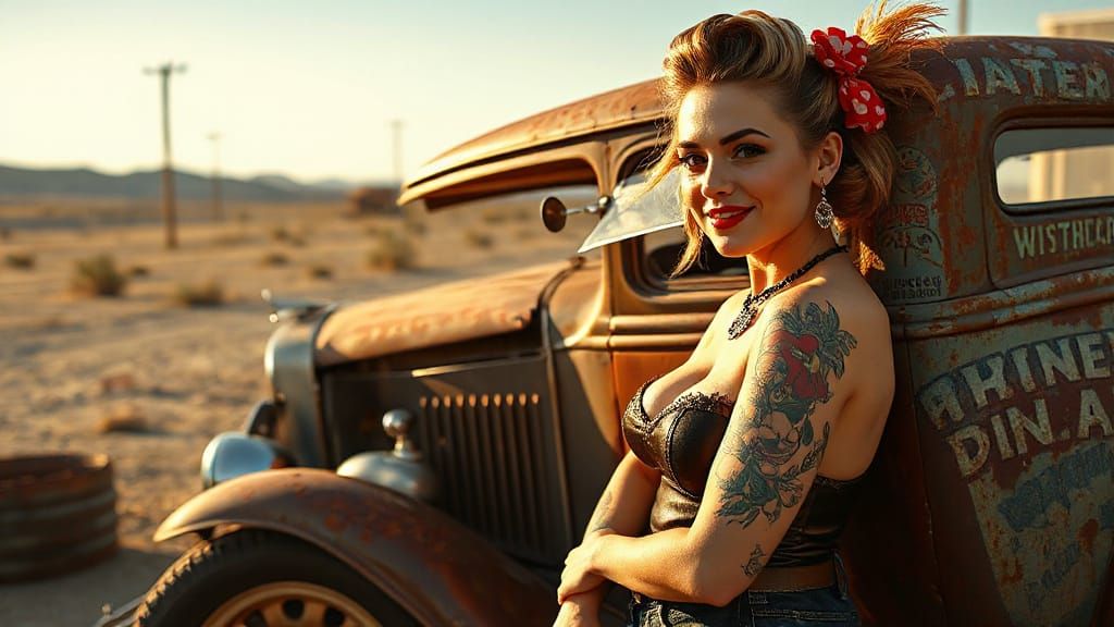 Sassy Pin-Up Girl Leans Against Rusted Rat Rod in Desert Din...
